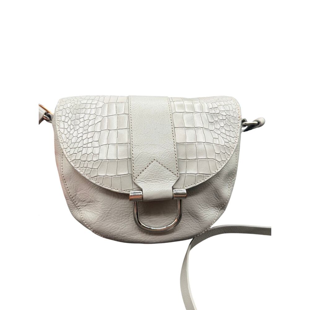 Halston Gray Leather Croc Embossed Crossbody Saddle Bag